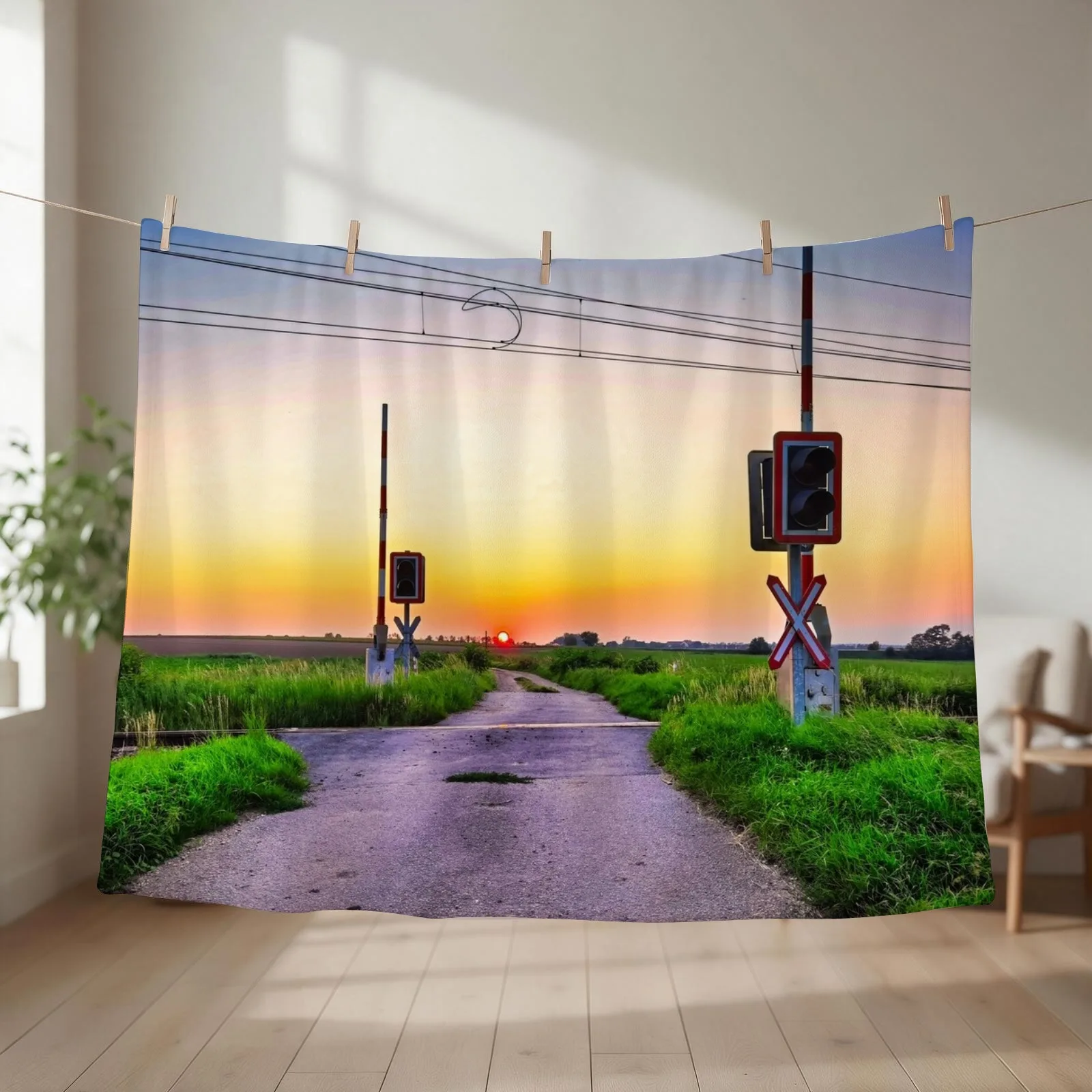 Railroad crossing - with sunset behind Throw Blanket couch cozy soft plush fuzzy picnic outdoor blanket