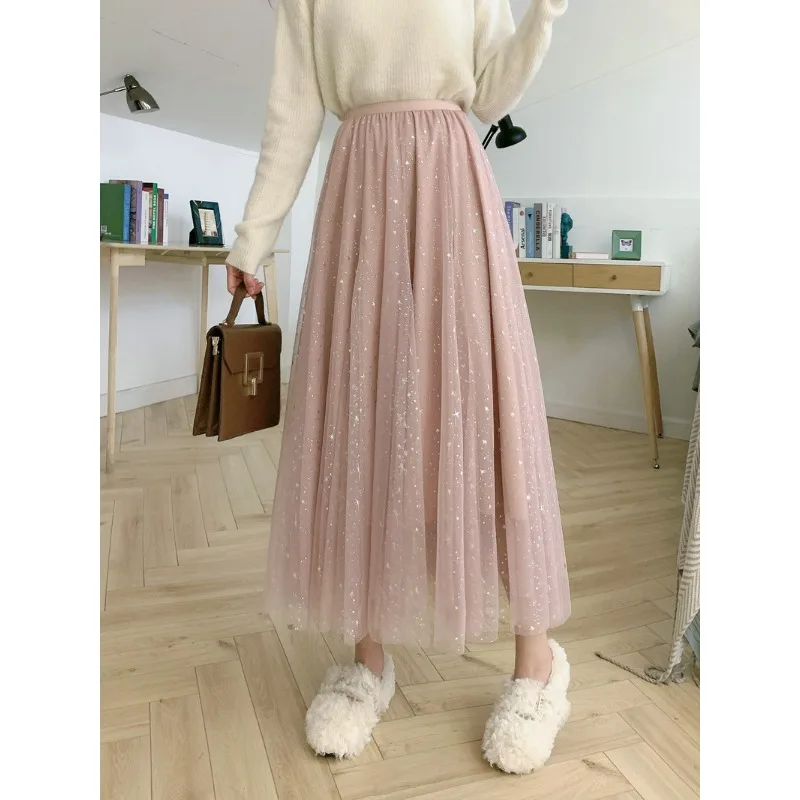 Women Starry Sky Mesh Tutu Skirts Sequin Glitter Layered Tulle A-Line Chic Elegant Puffy Mid Length SkirtStreetwear