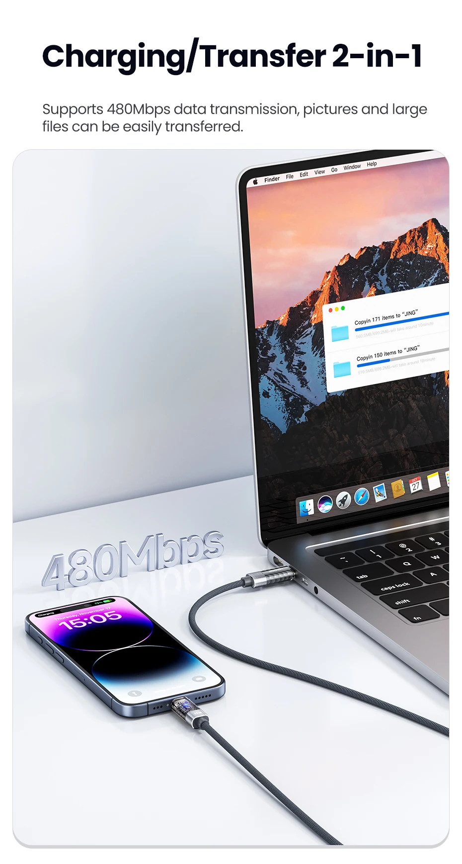 Toocki 100W USB-C-auf-USB-C-Kabel mit automatischer Abschaltung, PD3.1, QC4.0, Schnellladekabel für MacBook, iPhone 16, 15, Samsung S23, S24, Huawei. – Detail 12