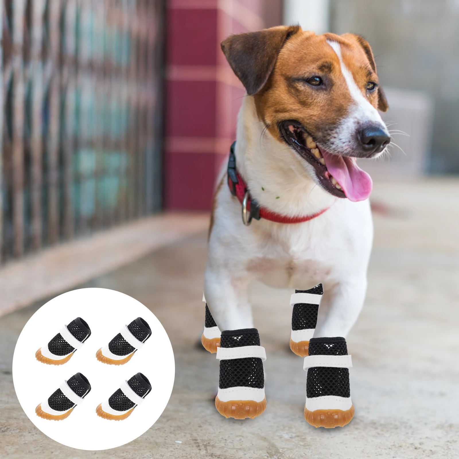 

4pcs Summer Dog Shoes Mesh Anti-Slip Boot Breathable Puppy Boot Sticky Adjustable Pet Footwear Hollow Design Outdoor Indoor Use