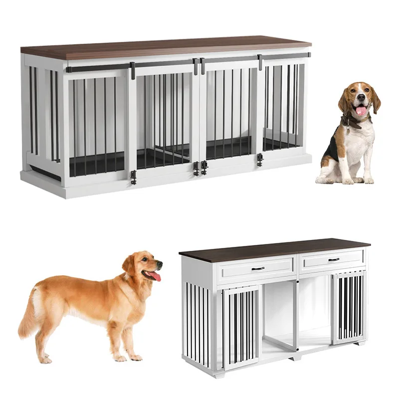 

Luxury Double Dog Crate Furniture Wooden Dog Crate Table with Tray Large Dog Kennel for Two Pups