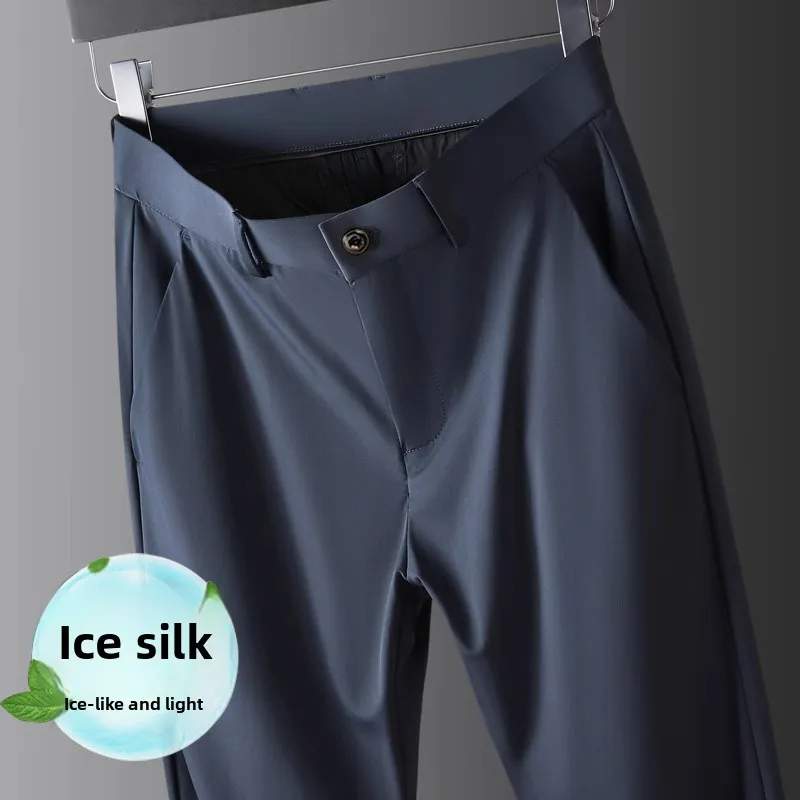 

Мужские брюки из ледяного шелка: модные, тонкие, дышащие, немнущиеся, эластичные, летние, деловые повседневные, прямые, офисные