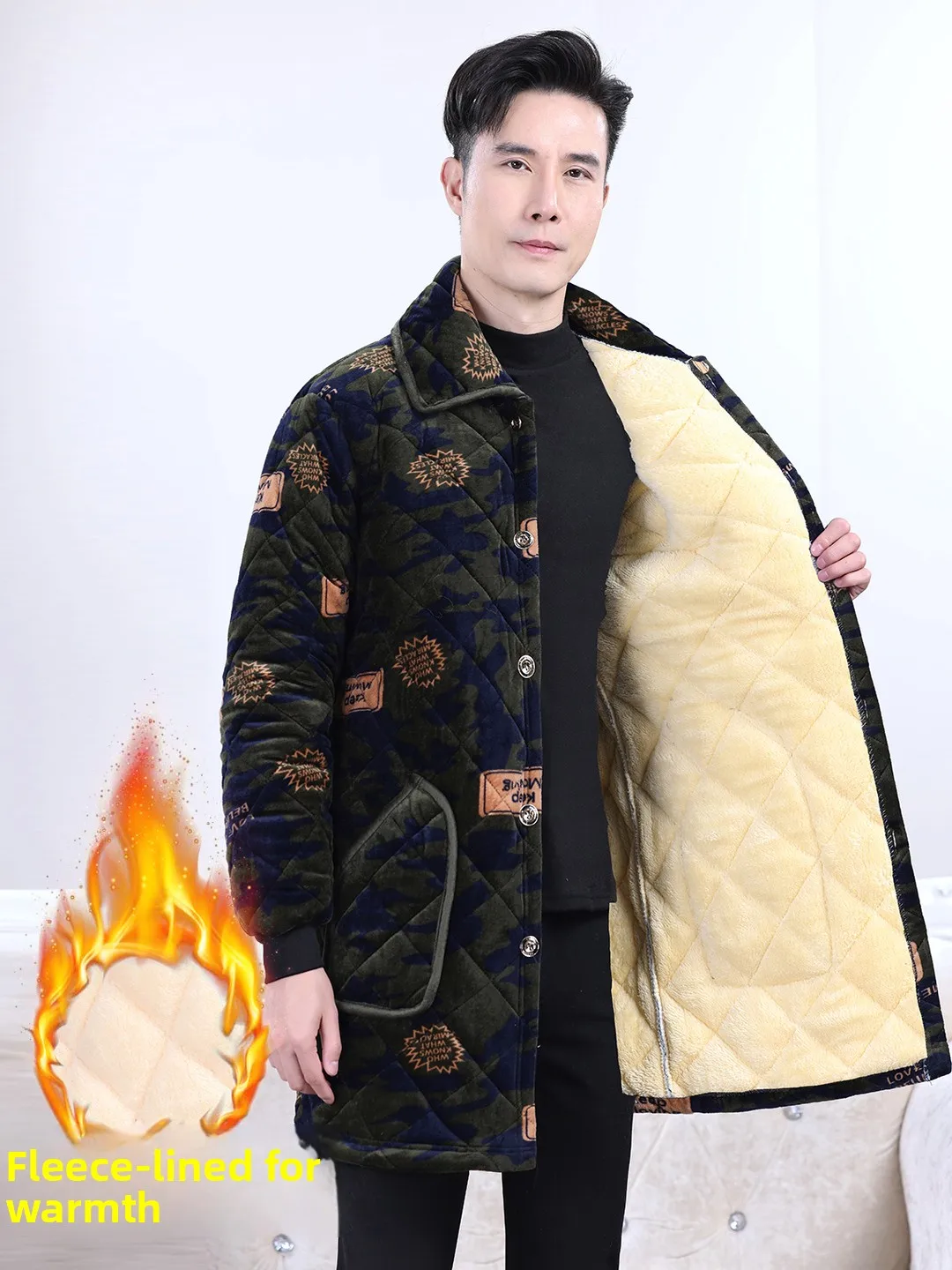 Men's Thiened Fce Lined Cotton Jaet Winter Warm Loose Anti-soil Large Size Coat Faionable Urban Sle Long Sve Bu...