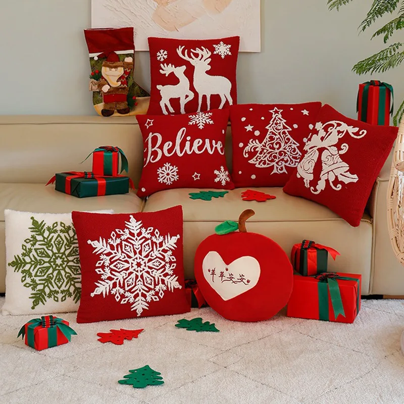 

45 см Рождественская плюшевая подушка Рождественский колокольчик Лось Красный Винтажный стиль Подушка Новогодний праздничный праздничный декор для гостиной Диван
