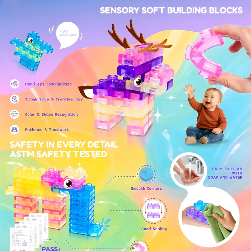 Squishy Jelly Building Blocks Soft Stretchy Sensory Toys Set Squeezable & Stretchable Construction Playset Puzzle Blocks view 3