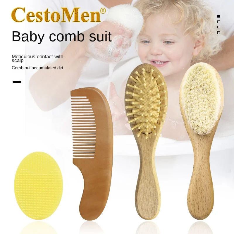 Baby Wool Brush Set  Beech Wood Soft Small Wooden Brush  Air Bag Wooden Comb Baby Shampoo Comb and Care Three-piece Set