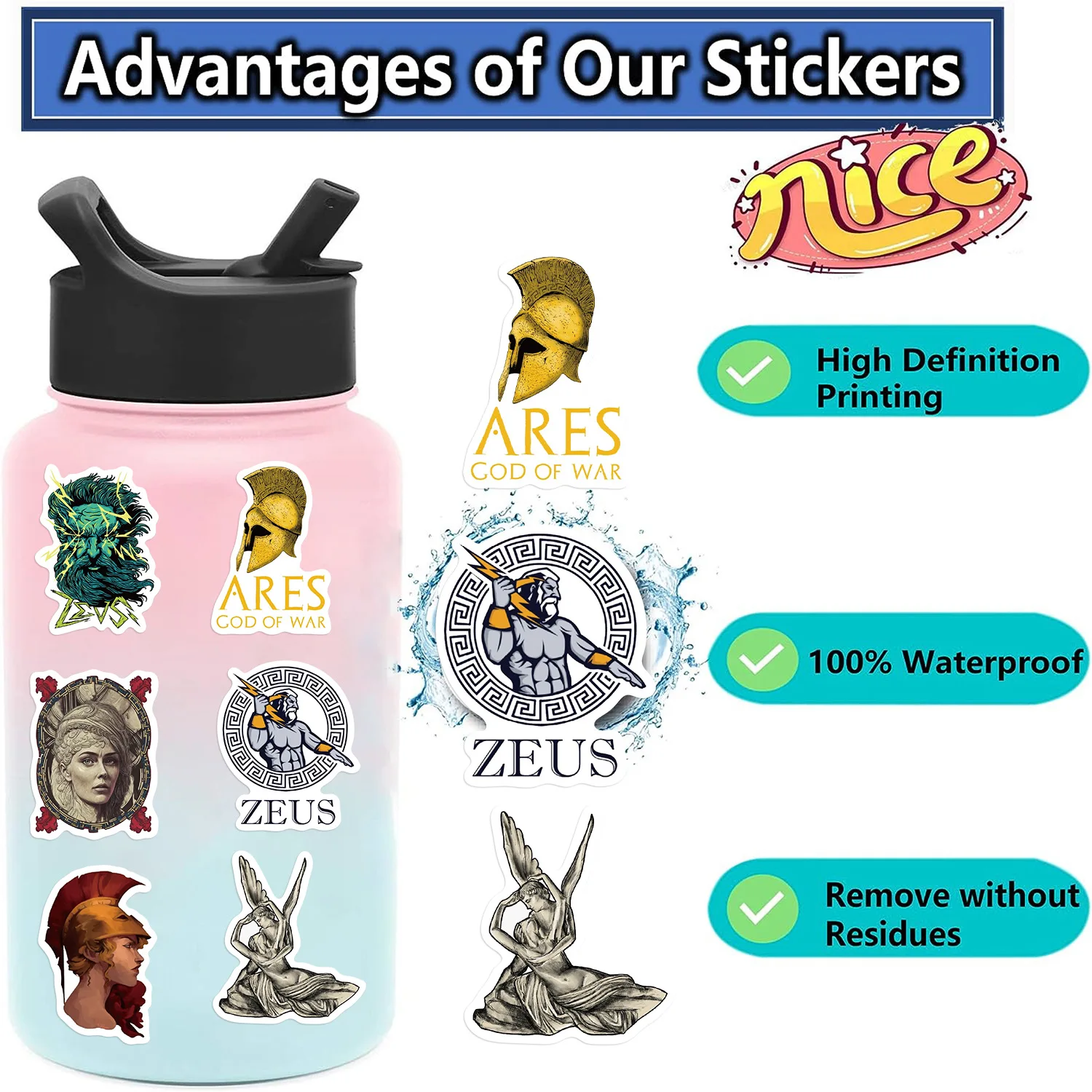 Greek Mythology Stickers for Teen Laptop, 50pcs Retro Aesthetics Waterproof Vinyl Decal for Adult Girl Teen Water Bottle Guitar