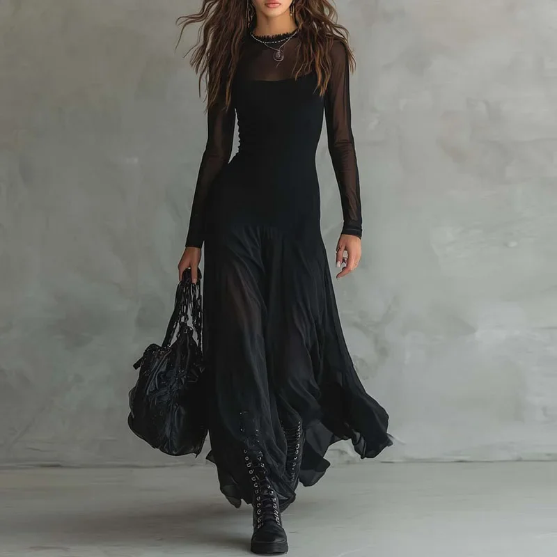 

2026 Spring Patchwork Sheer Mesh Women's Maxi Dress Elegant O Neck Hollow Out Party Dresses Autumn Long Sleeve A-Line Long Dress
