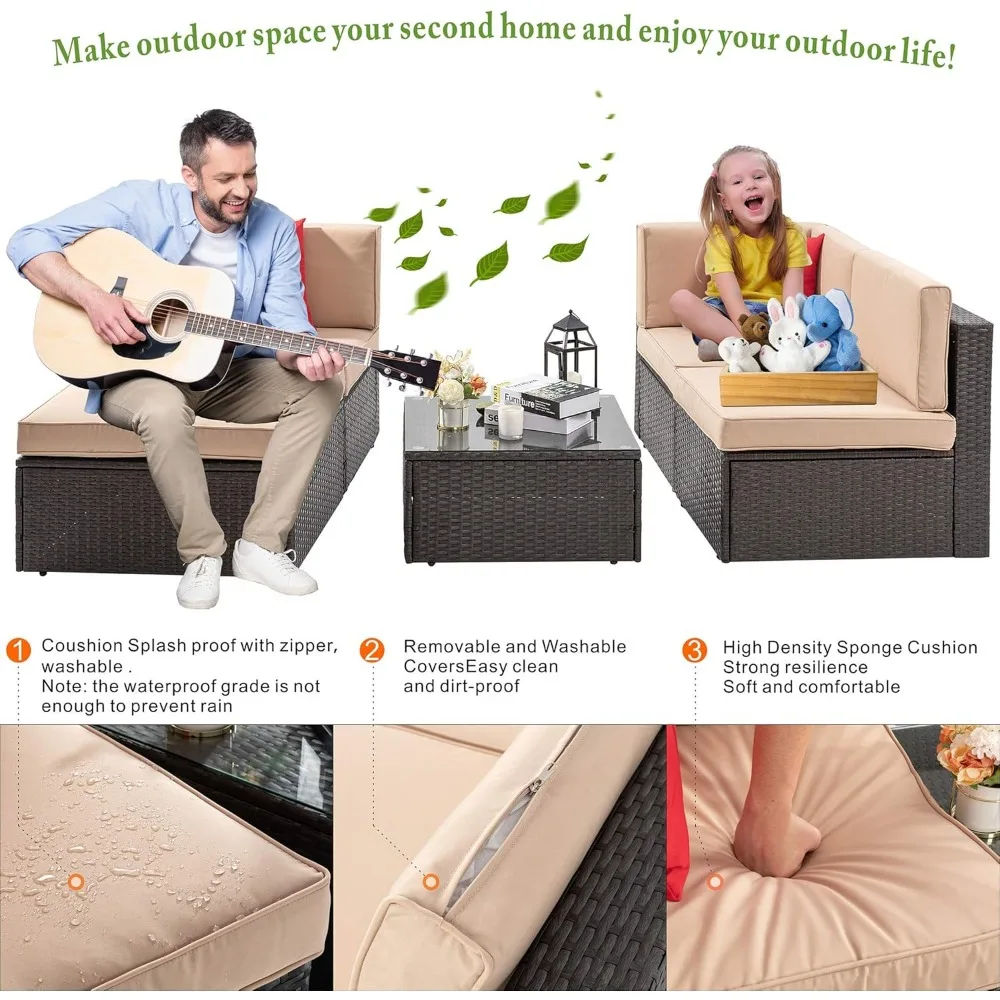 Patio Furniture Sets, All-Weather Brown PE Wicker Outdoor Couch Sectional Set, Small Conversation Set for Garden/Patio w