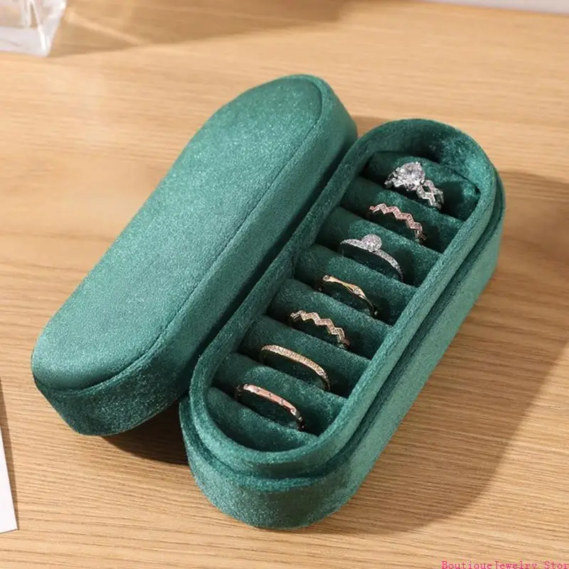 E1PE Elegant Velvety Jewelry Box 7 Row Organiser For Rings Earrings Travel Storage