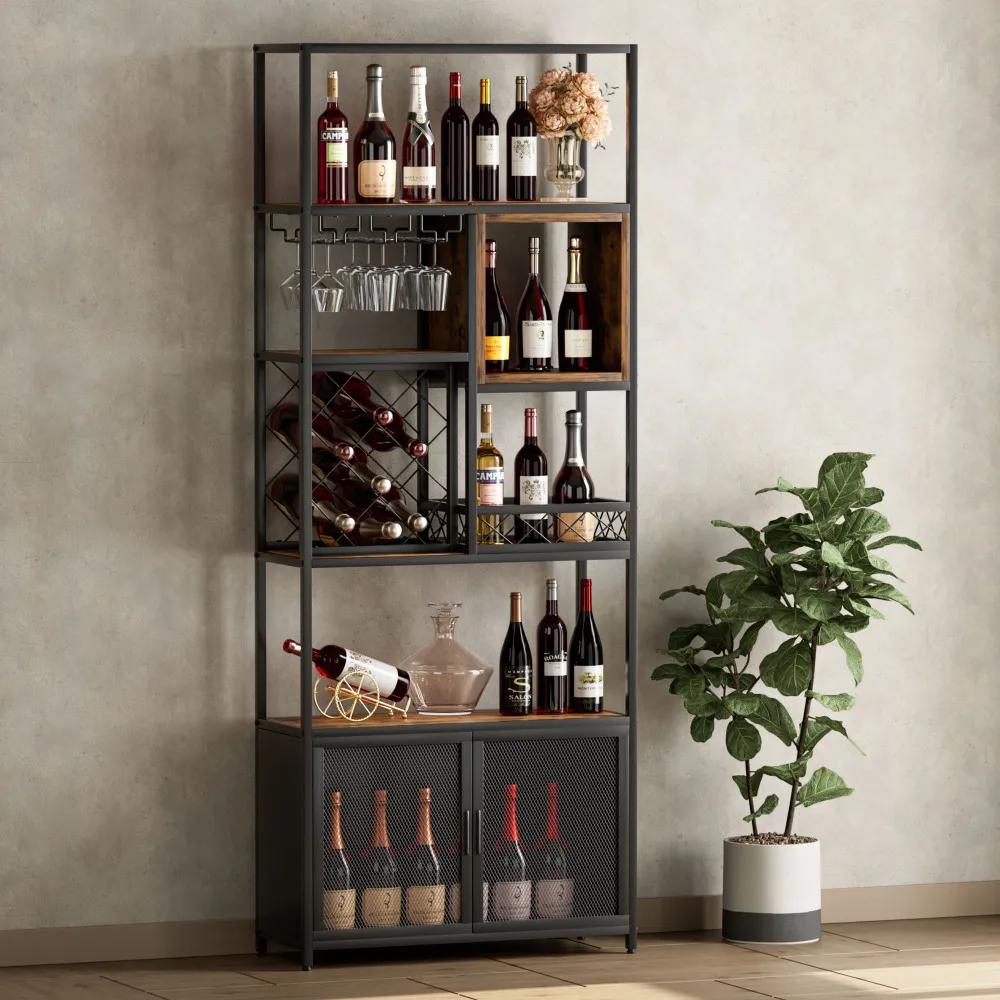 

82.7" Industrial Tall Black Bar Wine Rack Cabinet with Glass Holder Wood Home Bar Cabinet Stojak Na Wino Wine Cabinet Furniture