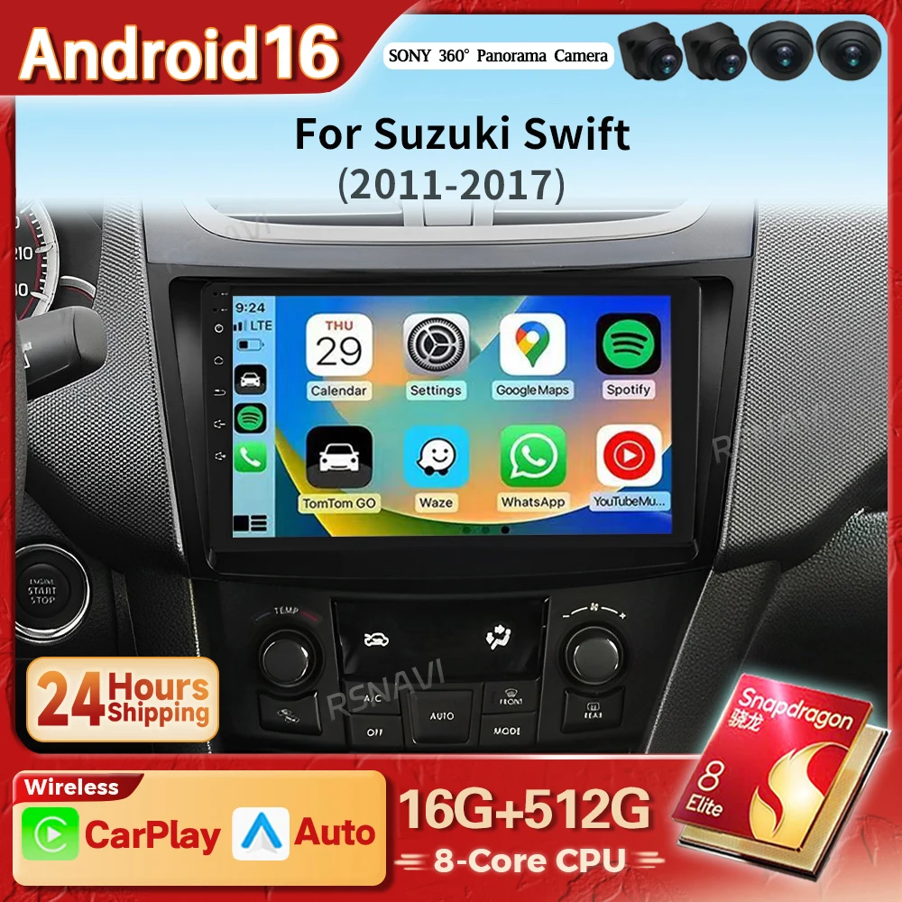Android 16 Carplay Auto 2K Screen Car Radio Multimedia For Suzuki Swift 4 2011 - 2017 WIFI+4G BT DSP Autoradio Stereo Snapdragon