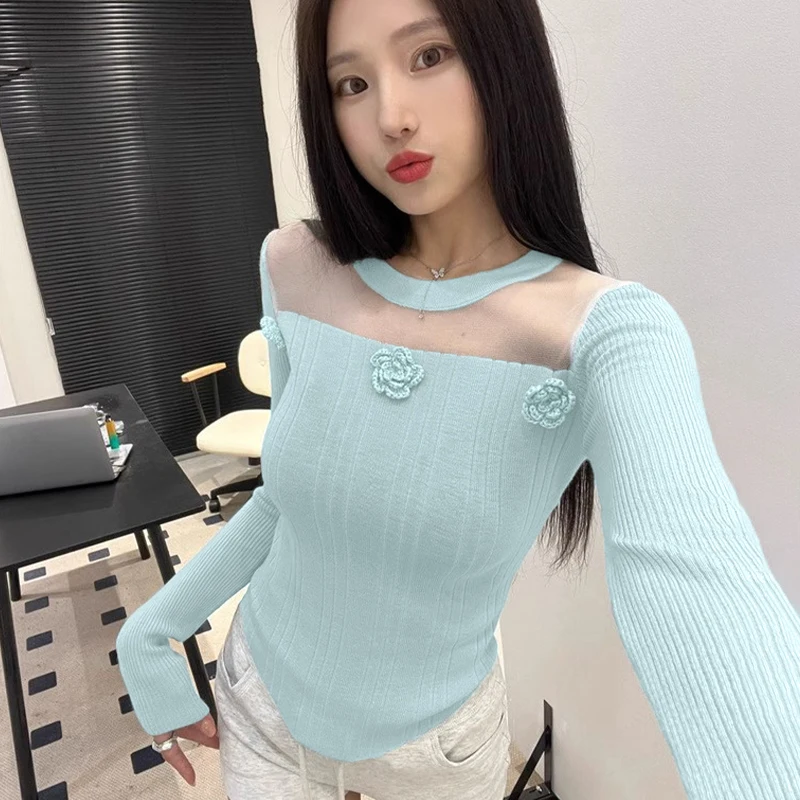 Women Casual Long Sleeve Tops Solid Knitted 3D Flower Mesh Patchwork Pullovers