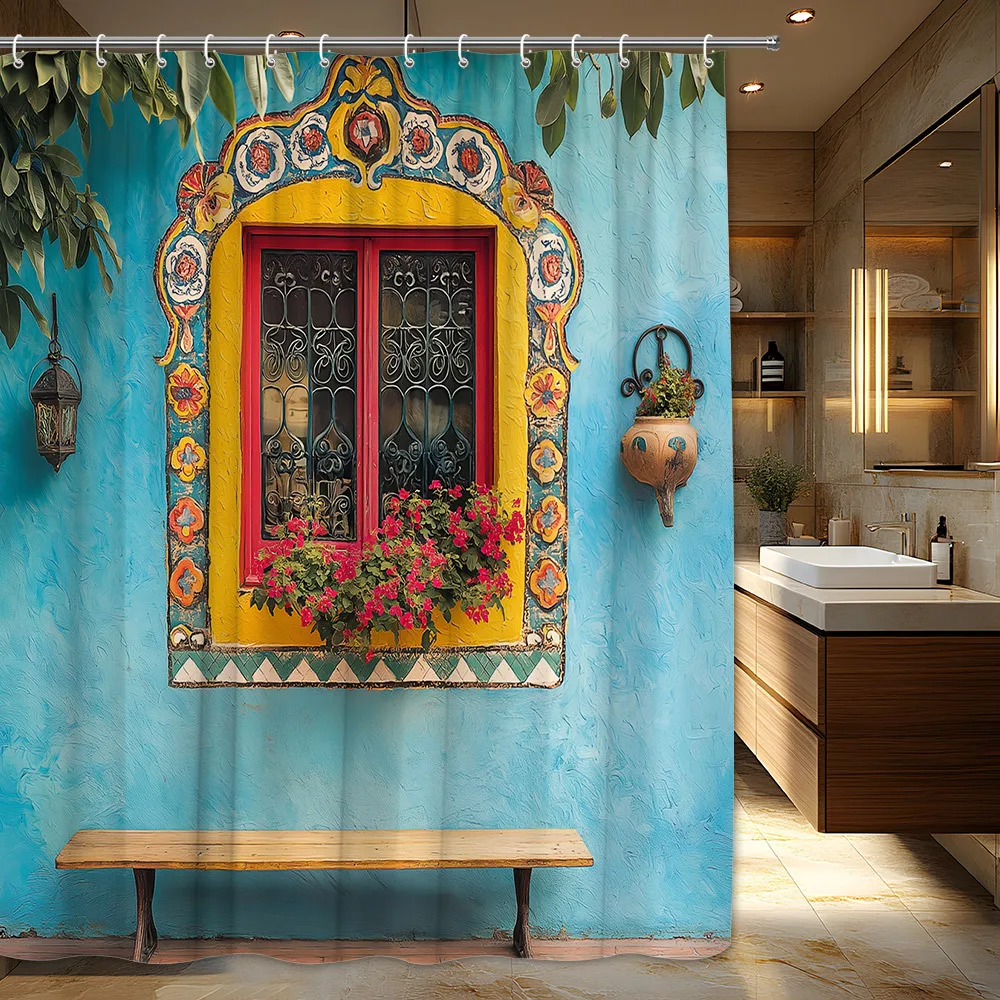 1pc Rustic Window Shower Curtain with Green Vine, Yellow Frame, Red Flowers & Wooden Bench Design - Lush Garden Scene Bathroom D