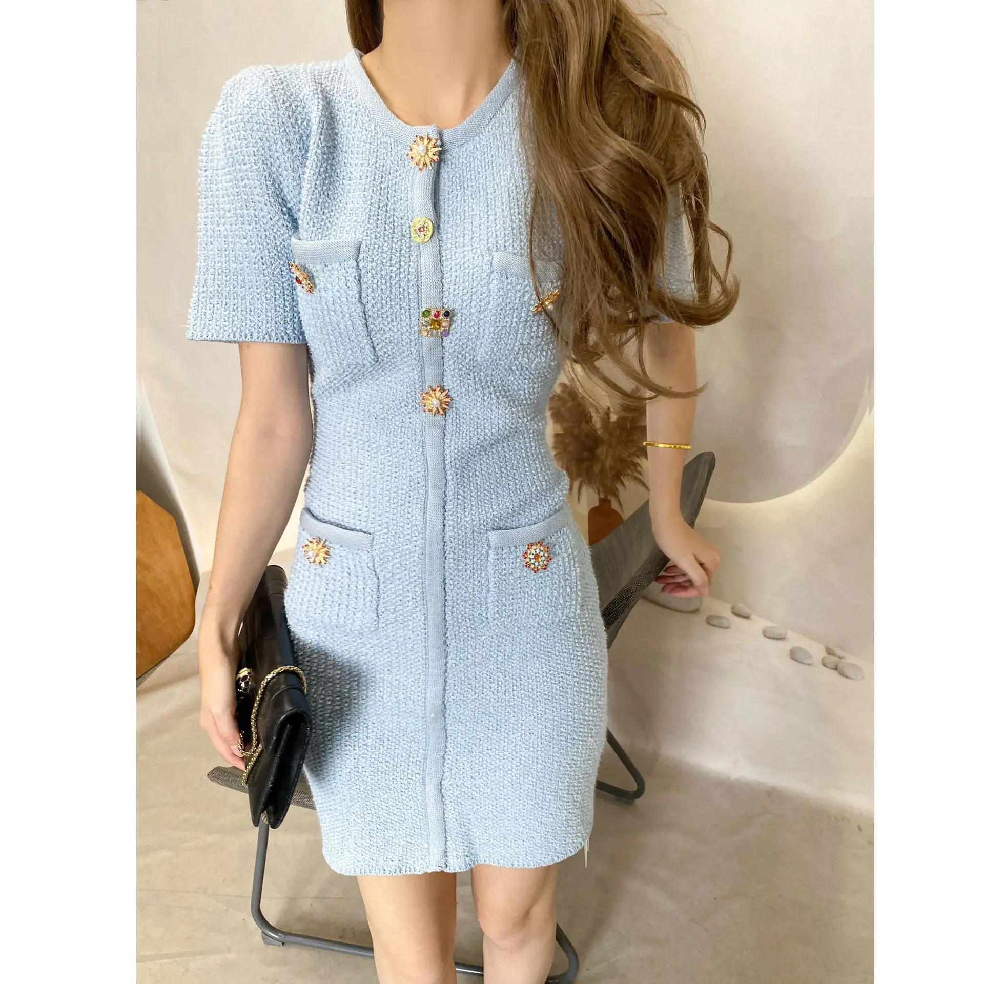 Luxury Crystal Knitted Short Dresses Women\'s 2025 Summer Holiday Party Vestidos Sheath Pencil Mini Evening Dress Lady Knitwear