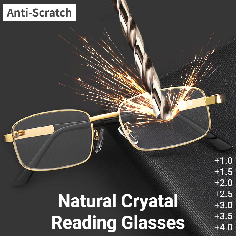 Metal Real Glass Lens Reading Glasses Men Women Square Full Frame Presbyopic Glasses Anti-Scratch Diopter Eyewear +1.5 2.0 2.5