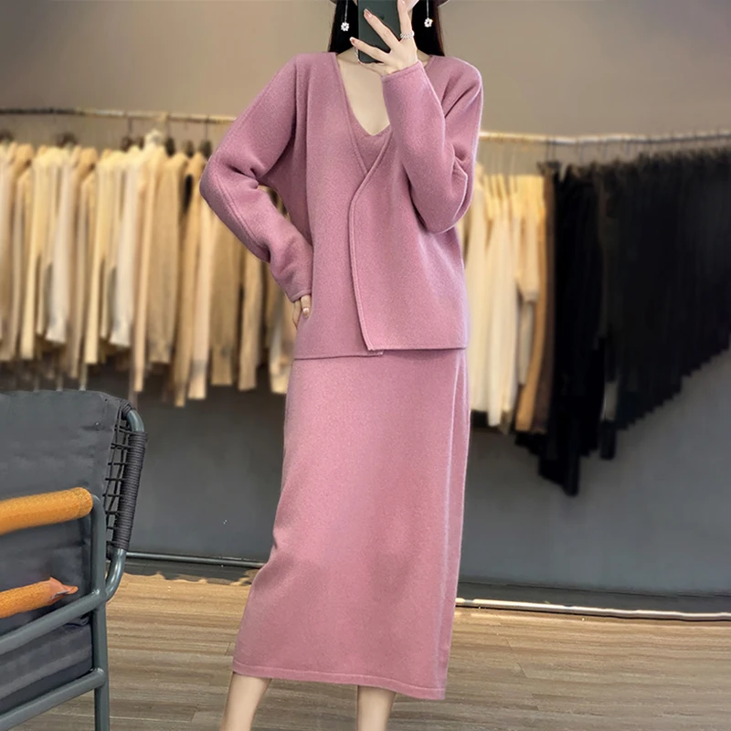 RONGYI 2024 Autumn And Winter New Women\'s 100% Wool Cardigan Suit Knitted Solid Color Dress V-Neck Fashion And Leisure