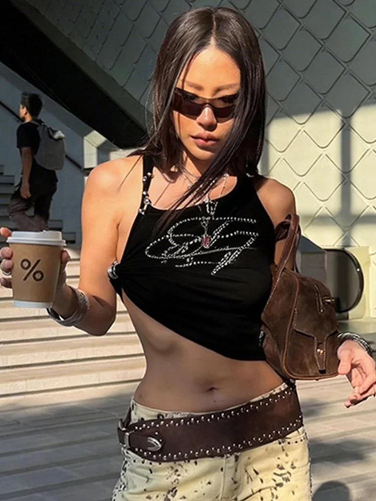 Weird Puss Bead Vest Women Metal Ring Fake Diamond Decoration Irregular Collar Sexy  Hottie Hip-Hop Style Music Festival Tops