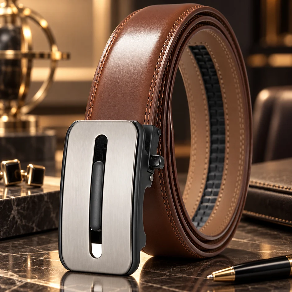 Plyesxale Red Brown Black Mens Genuine Leather Belts Adjustable Waistband Male 3.5cm Width Luxury Business Belt For Men B1288