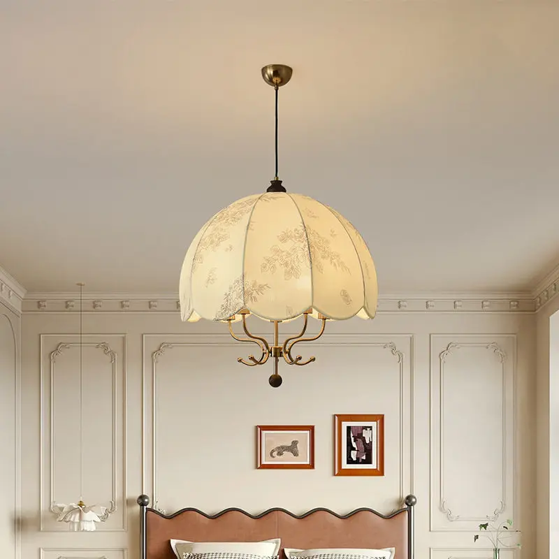 Patterned Fabric Lampshade LED Pendant Light French Designer Hanging Lamp Retro Living Room Dining