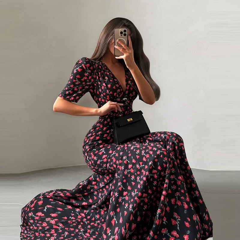 Elegant Women's Floral Printed Dress Slim V Neck Short Sleeve Waist Cinching Long Fishtail Dresses 2026 Summer Lady Party Robes