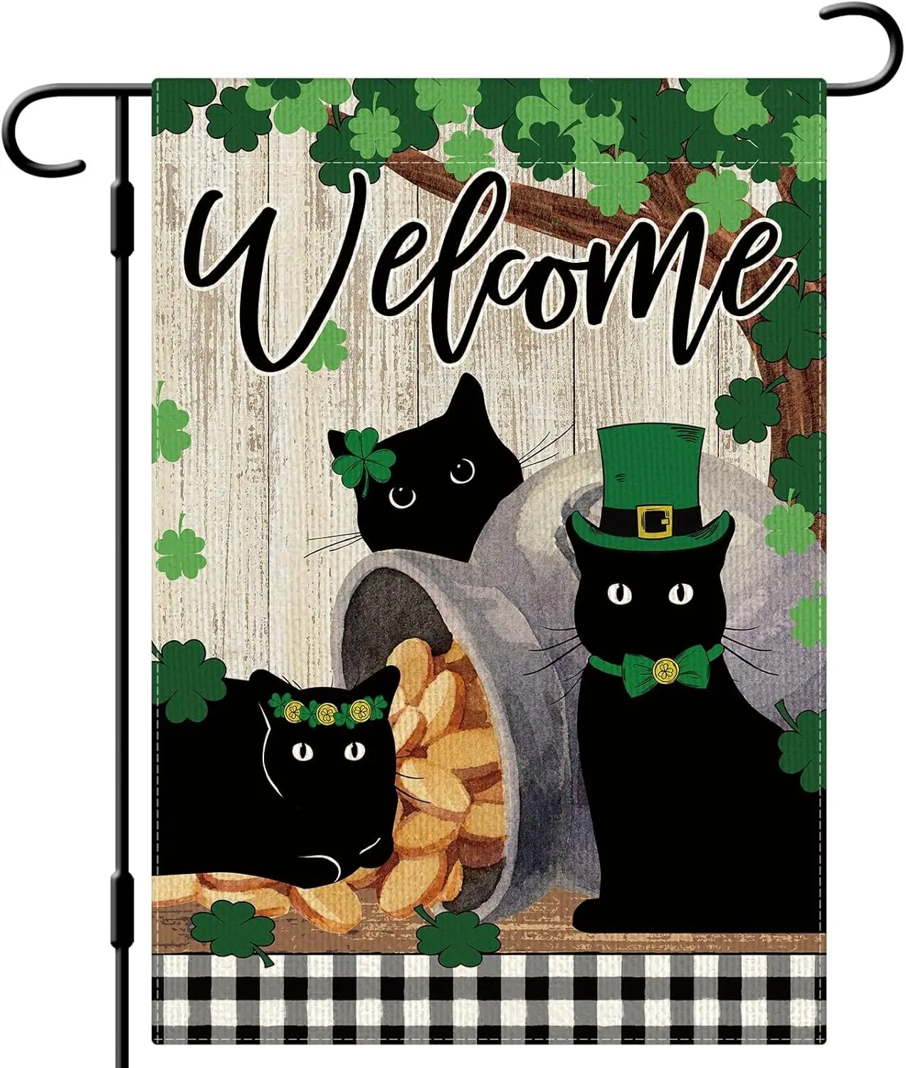 DLZDN St Patricks Day Black Cat Garden Flag Shamrocks Clovers Garden Flag 12×18 Inch Double Sided Buffalo Plaid Farmhouse We EEZ