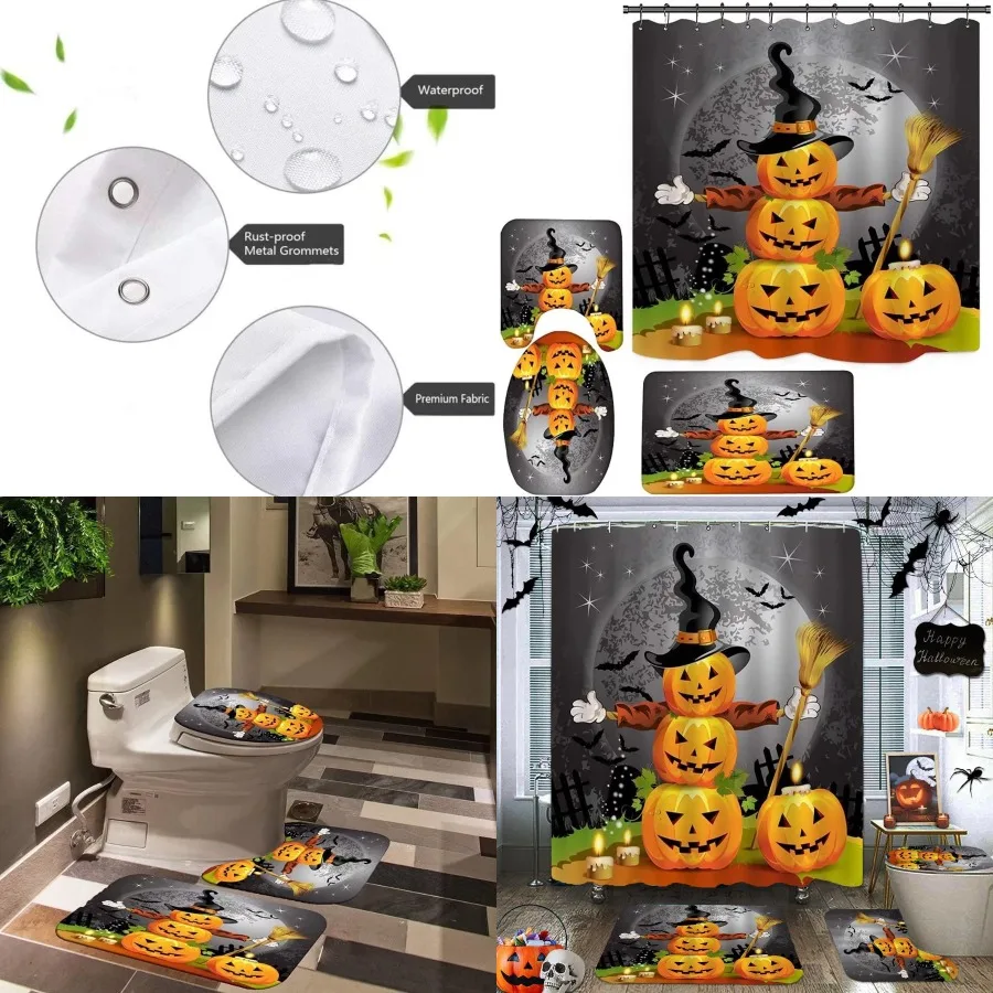 

Водонепроницаемая занавеска с тыквой на Хэллоуин и нескользящими ковриками, крышка для унитаза и коврик для ванной, полный аксессуар для декора душа в ванной комнате S