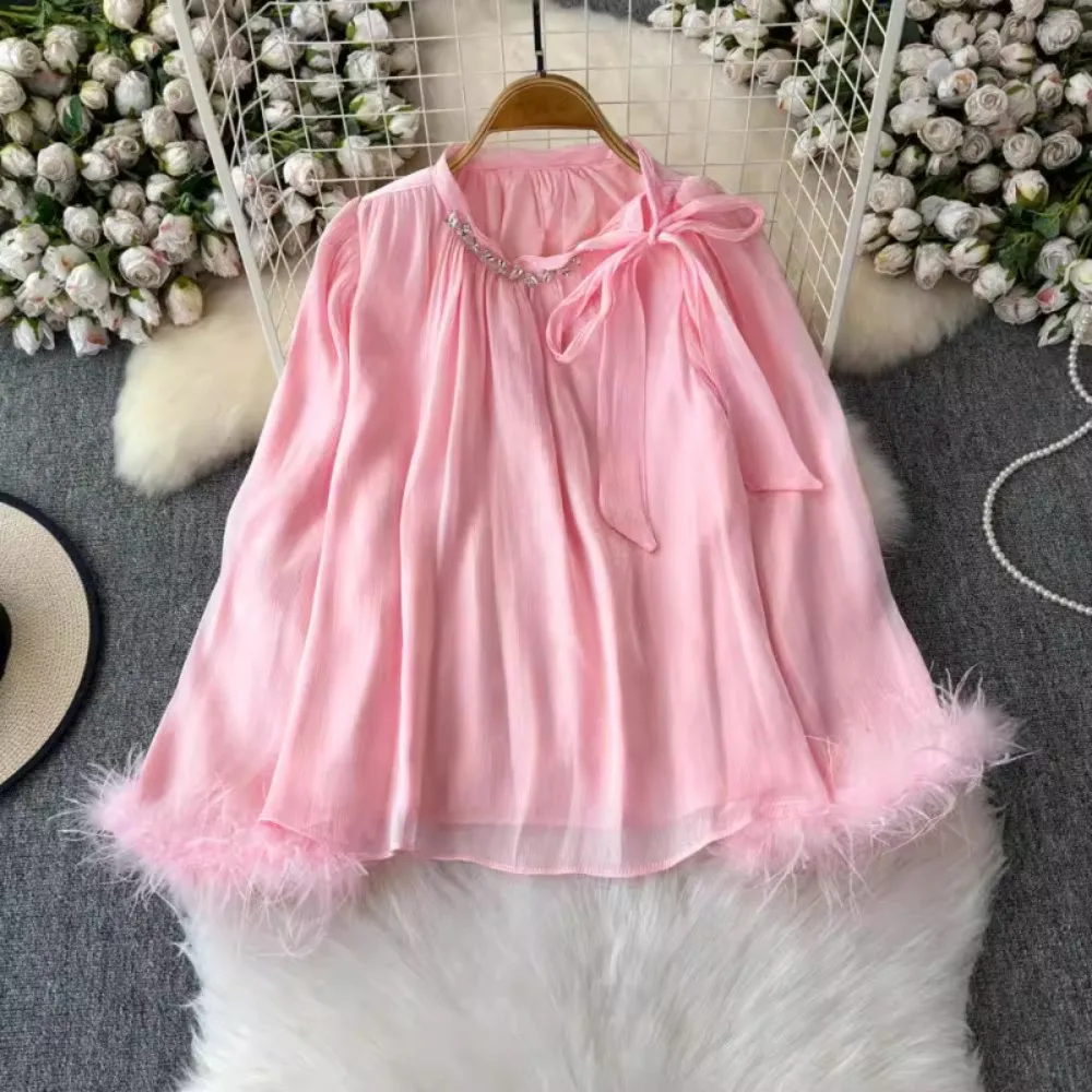 

Autumn Long-Sleeve O-Neck Casual Chiffon Women's Diamond Shirt, Women's Party Top, Women's Wholesale