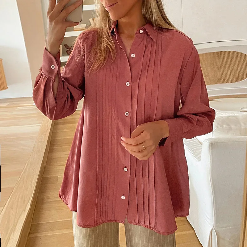 

Women Button Pleated Shirt Blouse Summer Office Lady Solid Turn-down Collar Long Sleeve T Shirts Female Elegant Loose Tees Tops