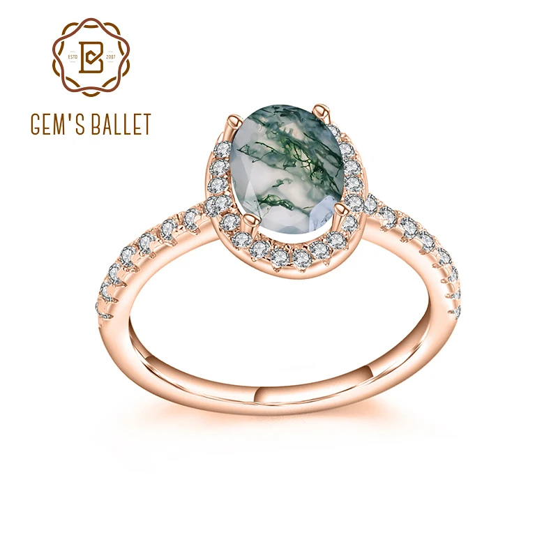 GEM'S BALLET Women's Wedding Ring 1.18Ct 6x8mm Oval Natural Moss Agate Halo Engagement Rings in 925 Sterling Silver Healing Gift