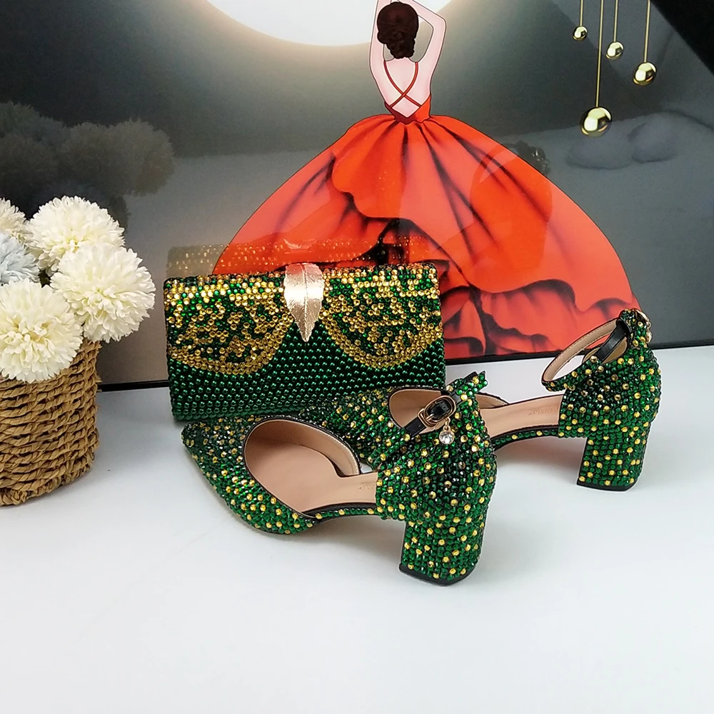 Green Crystal Bridal Wedding shoes and bag Woman Thin Heel High Pumps Party Evening shoes Shallow Ankle Strap Buckle shoe