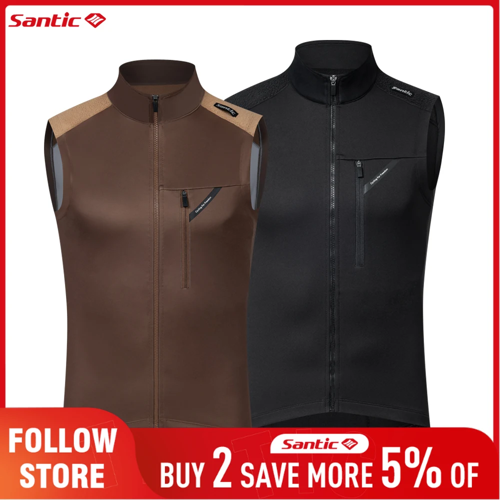 Santic Men's Fleece Cycling Vest Windproof MTB Road Bicycle Riding Warm Vest Multi Pockets Design Thermal Sleeveless Jacket Tops