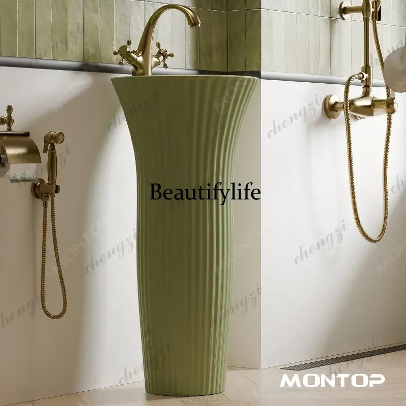 European retro green integrated floor ceramic column bathroom wash basin  A17