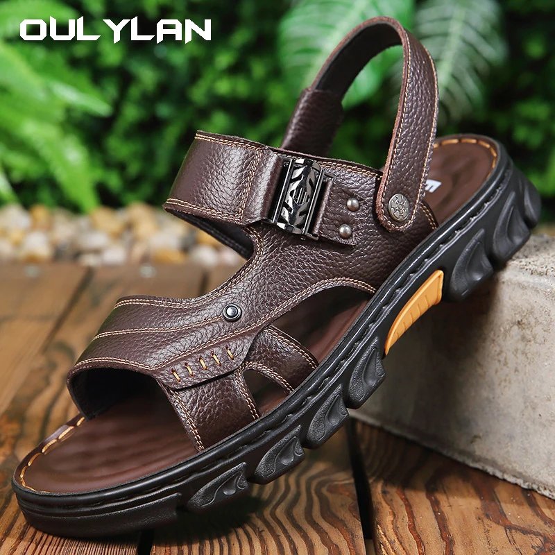 Men's Shoes 2024 Summer New Leather Sandals for Men Comfortable Slippers Dual Use Non-slip Trendy Mens Beach Shoes