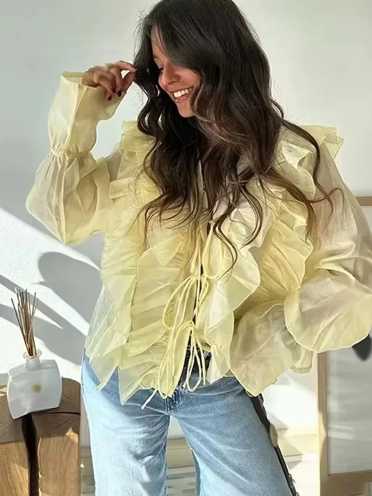 

HH 2025 женские летние повседневные тонкие желтые рубашки с длинными рукавами и бантом на шнуровке, украшенные женские новые модные шикарные блузки с v-образным вырезом