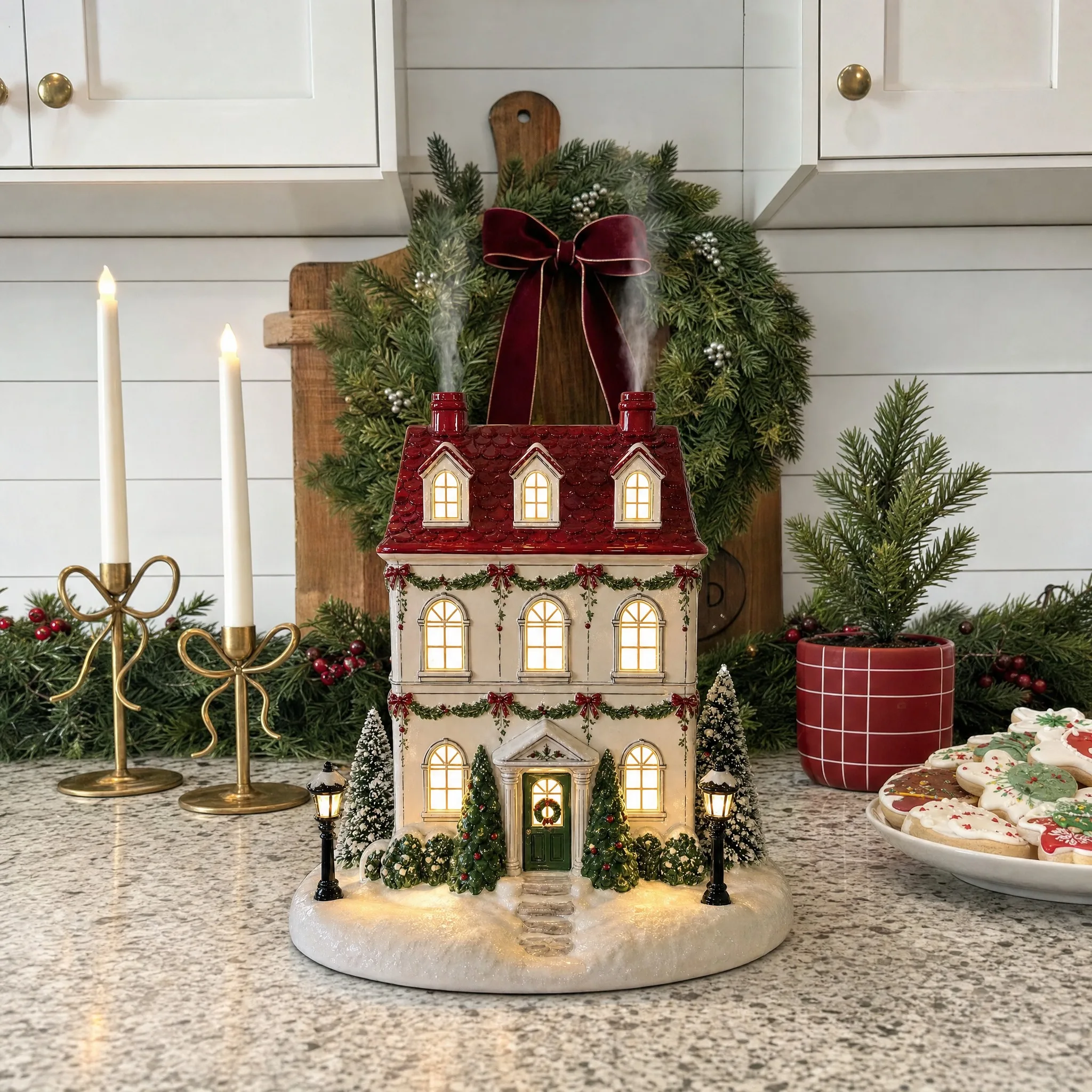 Christmas Village House Aroma Diffuser Lighted Resin Cottage Chimney Mist Glowing Windows Essential Oil Humidifier Gift