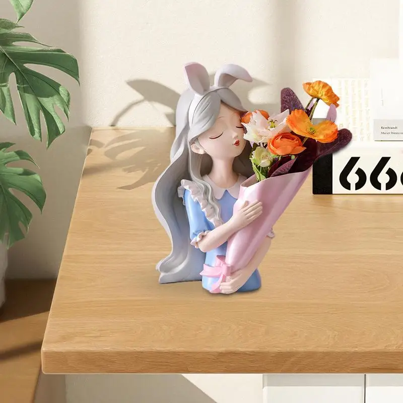 Modern Decorative Artificial Flower Vase Girl Sculptures Interior Home Resin Ornaments Household Desktop Vase