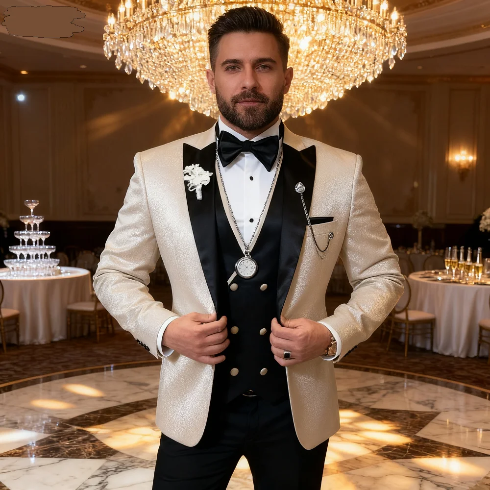 

3 Piece Wedding Suits for Men Peak Lapel Double Breasted Tuxedo Jacket Vest Pants Groom Business Fashion Party Set