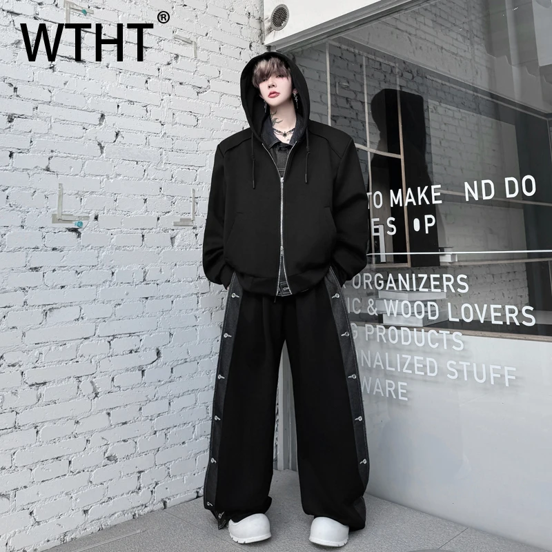 

WTHT Vintage 2025 Autumn Men's Suit Spliced Fake Two-pieve Hooded Coats Contrast Color Loose Straight Pants Set Male 2A1711
