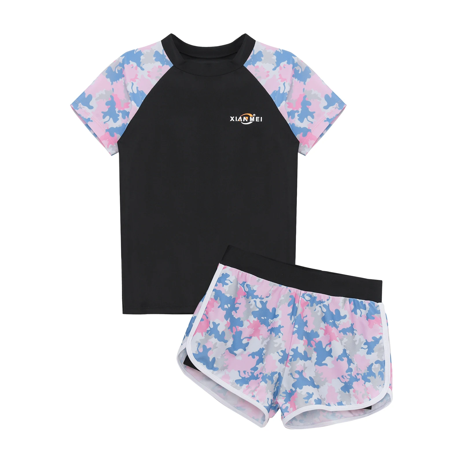 

Girls Water Sports Swimwear Short Sleeve Camouflage Print Top Shorts Suit Pool Beach Bathing Suit 2 Piece Rash Guard Set Outfit