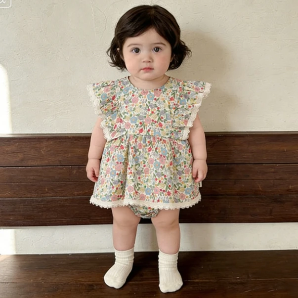 Girls Onesie 2026 Spring and Summer New Childrens Clothing Korean Style Girl Baby Sweet Small Fly Sleeve Floral Onesie