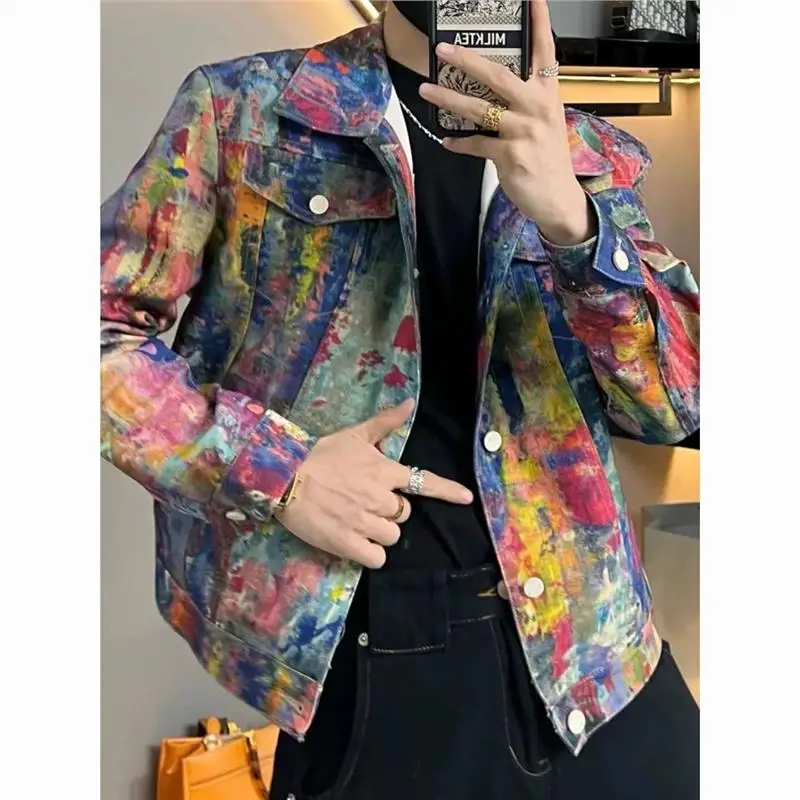 

New Faionable Cusizable fiti Painted Denim Jaet Loose Casual ort Sle Spring Autumn Wear for Men by 'BuPaiDui'