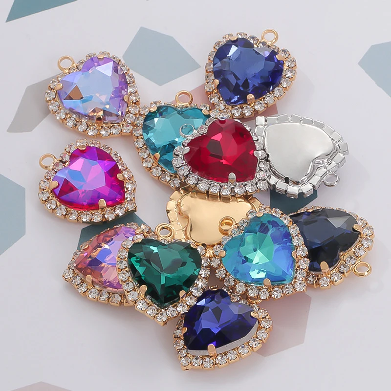 10pcs Crystal Heart Pendant Necklace Metal Button With Claw Hanging Rhinestone Accessories DIY Earrings Jewelry Decor Crafts