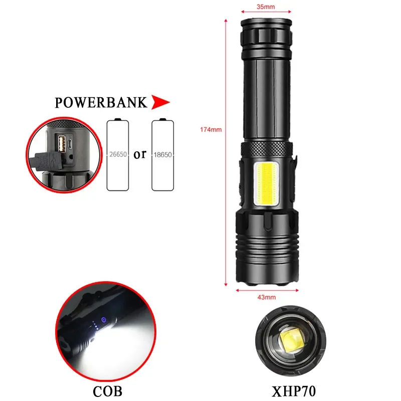 Lanterna LED com Banco de Potência, Fonte de Luz Dupla, Bateria Externa, Carregamento USB, 18650, Bateria 26650, Zoom, XHP70 + COB