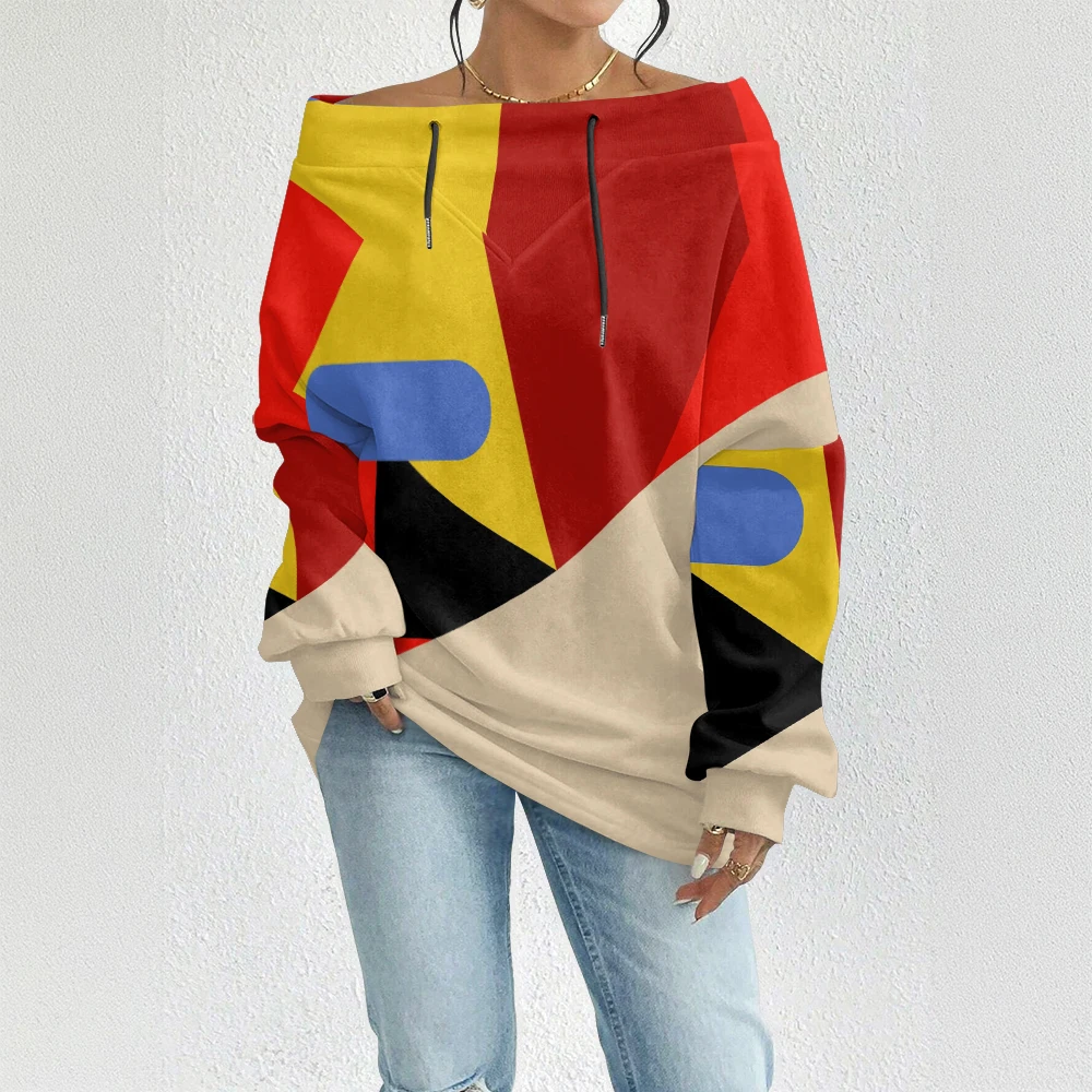 Trendy Abstract Geometric Striped Polka Dot Printed Off-Shoulder Sweatshirt Color Block Long Sleeves Casual Streetwear for Women