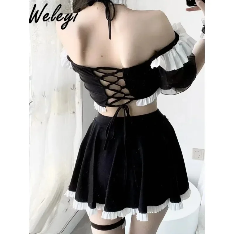 Jirai Kei Lolita Swimsuit Sweet Women\'s Clothing 2024 Summer Cute Maid Beach Yarn Top Bow Black White Two Piece Fashion Swimwear