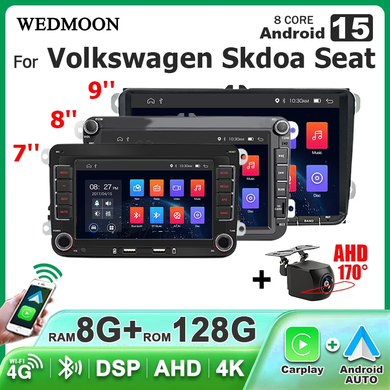 Radio de coche 2DIN Android 15 con Carplay inalámbrico, pantalla multimedia de 7, 8 y 9 pulgadas para Volkswagen VW Passat, Golf, Polo, Jetta, Skoda y Seat