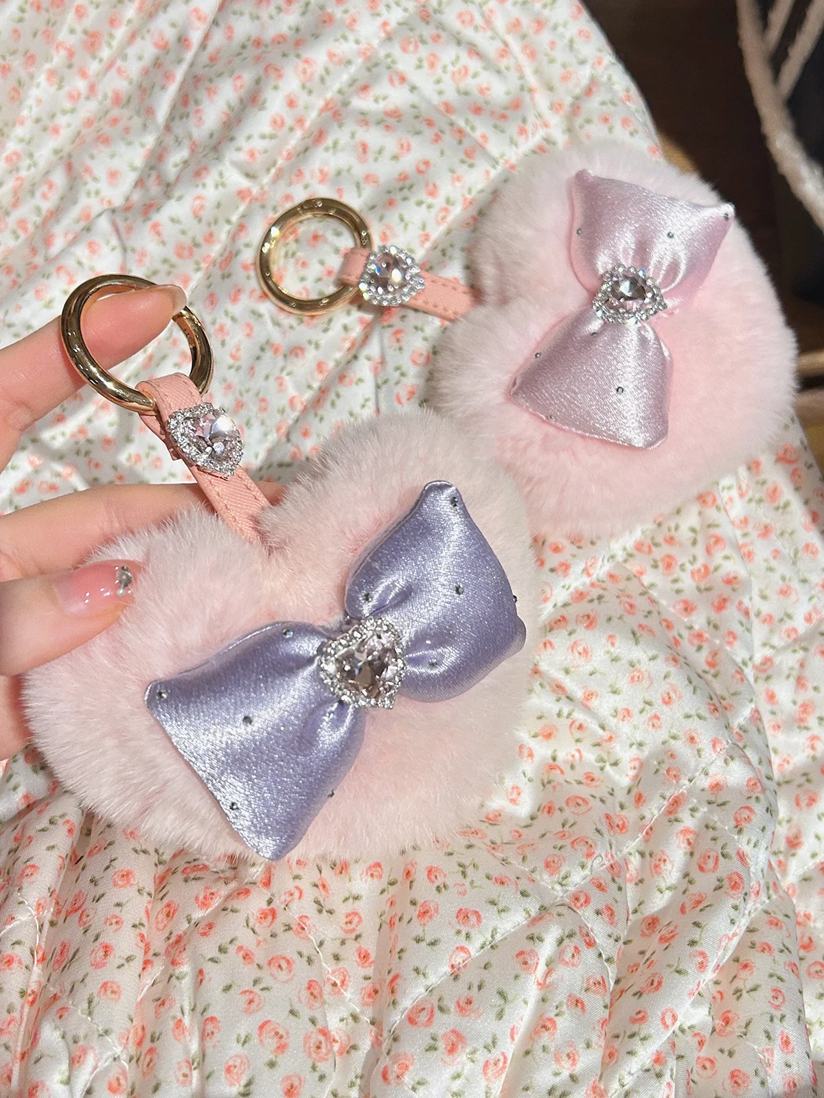 Handmade Cute Bowknot Plush Pendant Girl Design Soft Fluffy Heart Shape Bag Love Rhinestone Decor Hanging Ornaments Holiday Gift