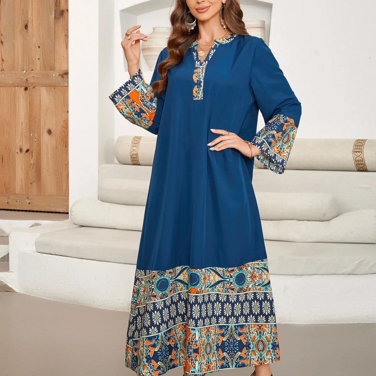 ชุดเดรสยาวพิมพ์ลาย V-Ne แบบต่อผ้า Dr Dubai Sle Mid-Sve Maxi Dr Faionable ชุดแสดงบนเวที เสื้อผ้าผู้หญิง