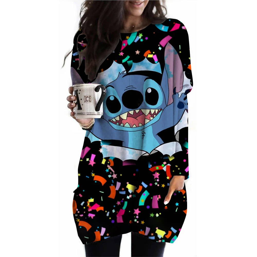 

Spring and Autumn Girls Harajuku Disney's Lilo & Stitch Printed T-shirt Long Sleeve Round Neck T-shirt Korean Casual Extra .